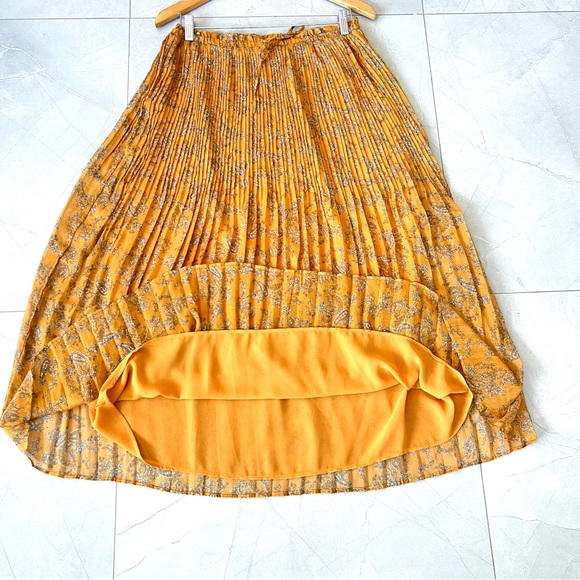 MANGO Mustard Floral Print Pleated Chiffon Tie & Elastic Waist Midi Skirt Sz M - Picture 11 of 13